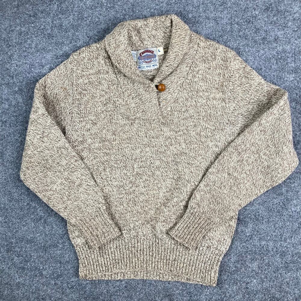 Cambridge Dry Goods Sweater Womens L Beige Wool Shawl Collar Knit Ragg Wool